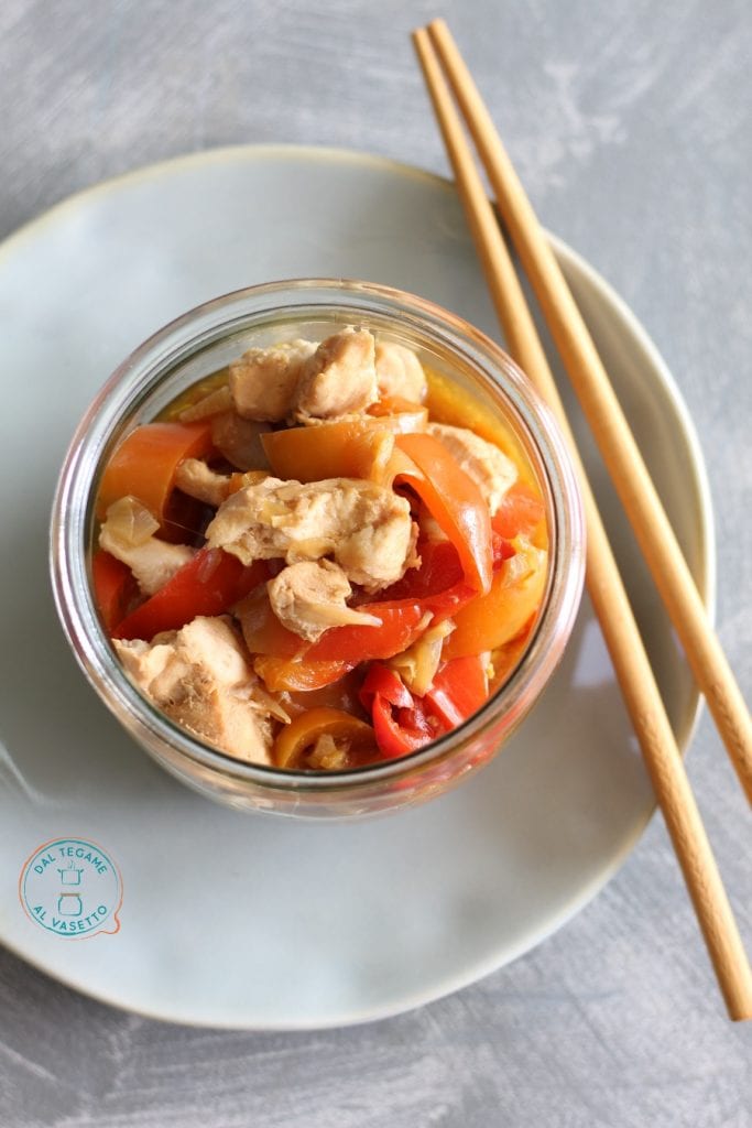 chicken breast cut into strips with peppers cooked in the jar in the microwave