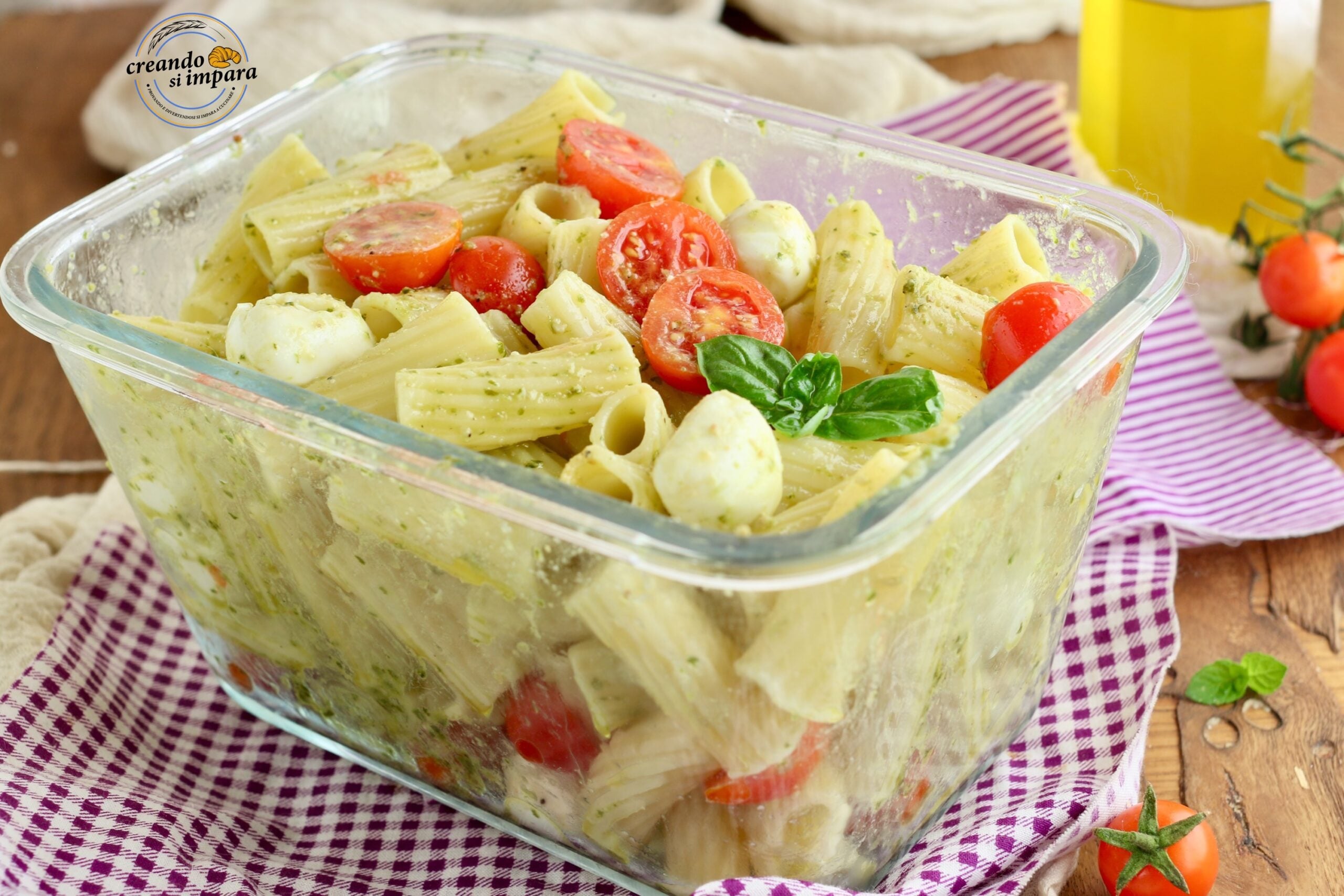 Cold Pasta with Pesto, Mozzarella, and Cherry Tomatoes