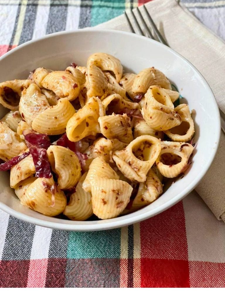 cold pasta with red radicchio pesto