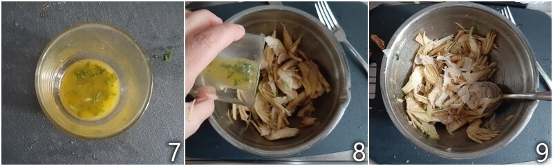 dressing the artichoke salad with the emulsion and Parmesan flakes