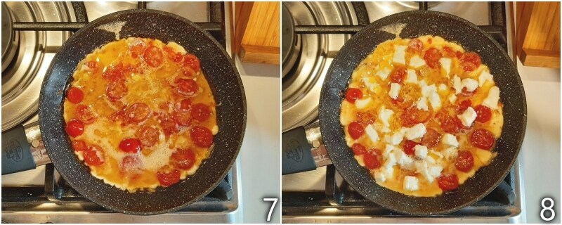 d. add eggs and mozzarella cubes