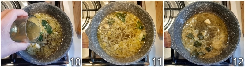 d. boil white wine, vinegar, and onion for the carpione