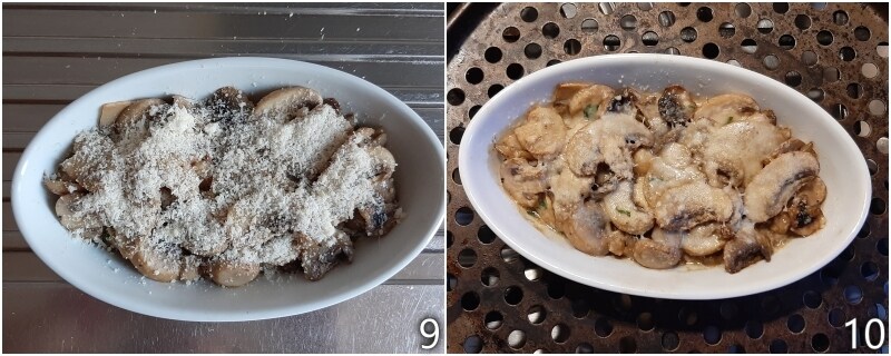 d. gratinate the mushrooms in the oven