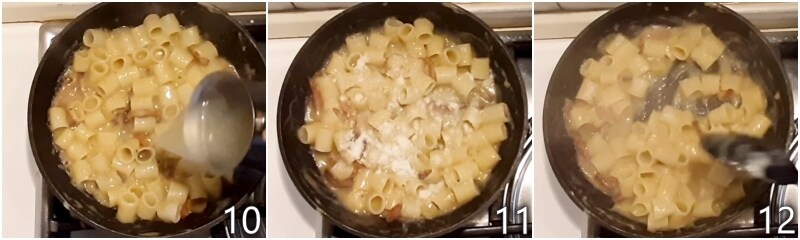 d. mixing the pasta with potato cream, guanciale, and pecorino