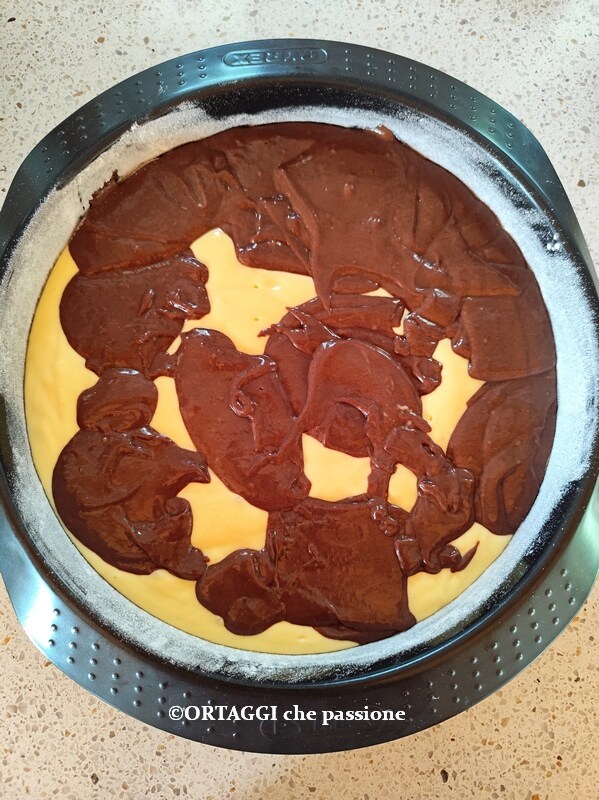 spoon the dark batter into the two-toned cake