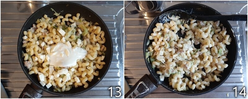 e. season the pasta with béchamel, cabbage, and sausage
