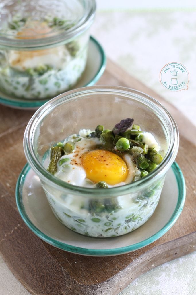 eggs cooked in a jar in the microwave with asparagus and peas