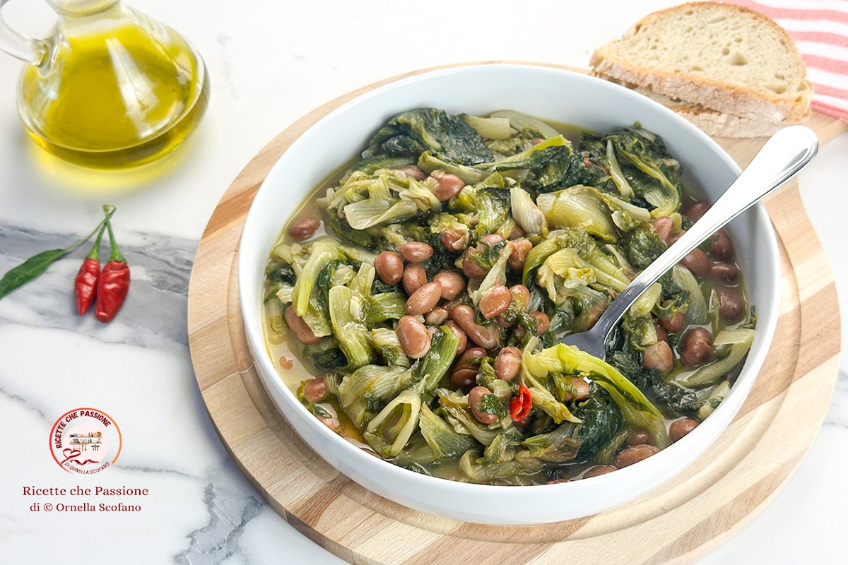 Escarole with Beans in a Pan with Garlic, Oil, and Chili Pepper