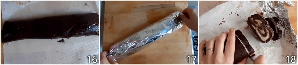 f. roll up the crushed cookie base to form the roll