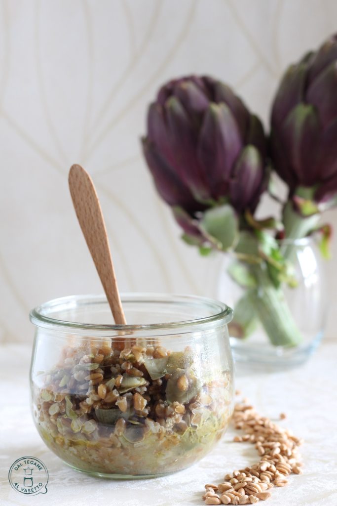 farro and artichokes cooked in a jar in the microwave using jar cooking technique