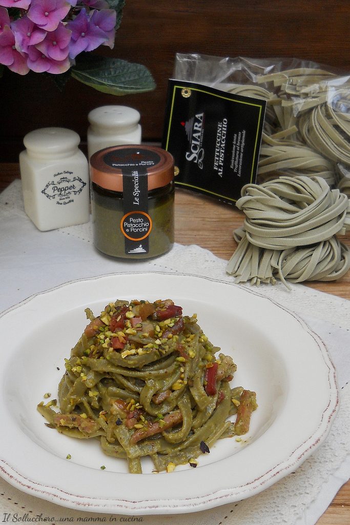 fettuccine with pistachio pesto, porcini mushrooms and speck vert