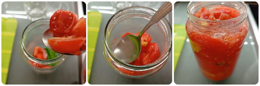 filling jars with tomato preserve