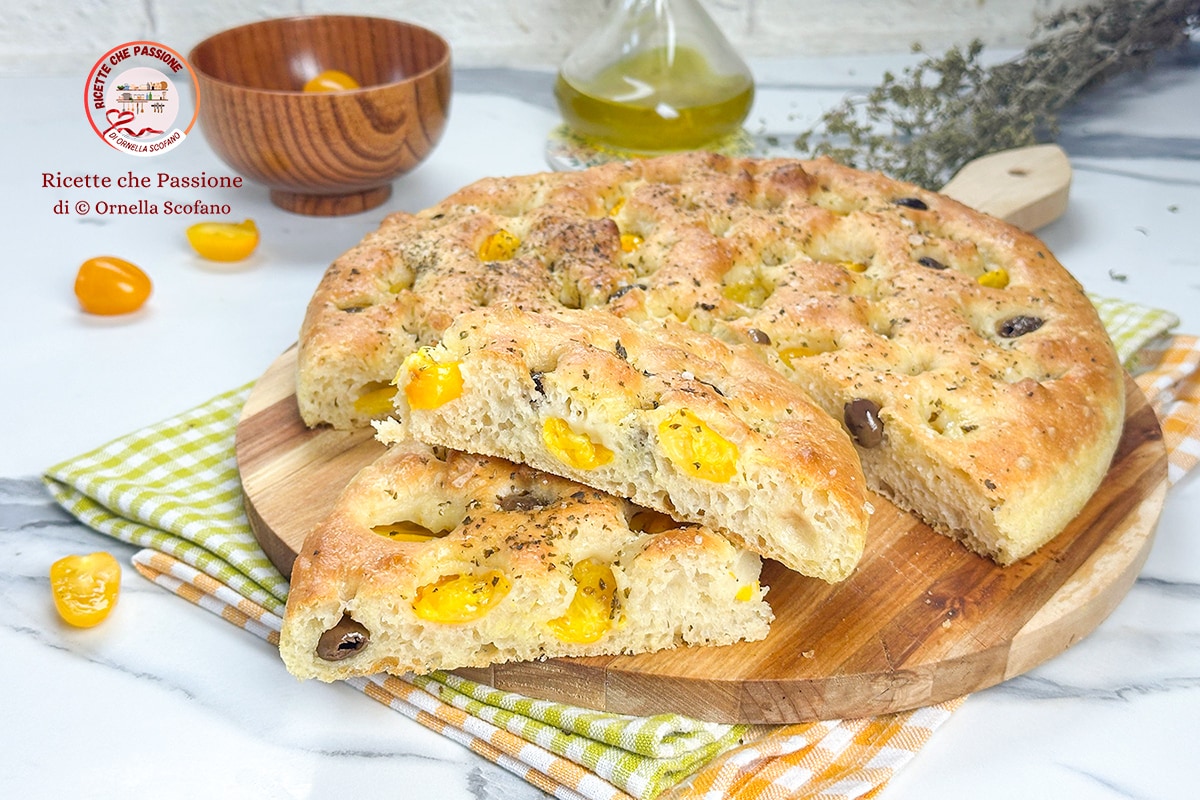 Focaccia with Yellow Cherry Tomatoes and Olives with Easy Dough