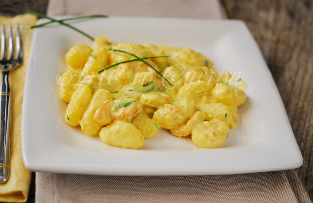 Gnocchi Zucchini and Shrimp with Saffron vickyart art in kitchen