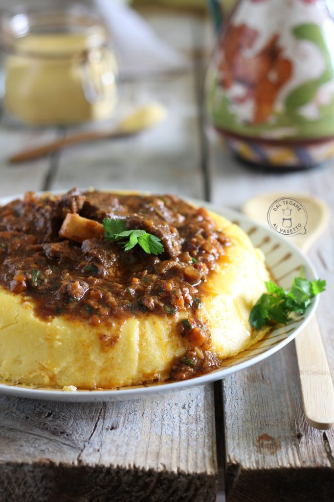 Cornmeal polenta on the plate with sauce cooked in the instant pot