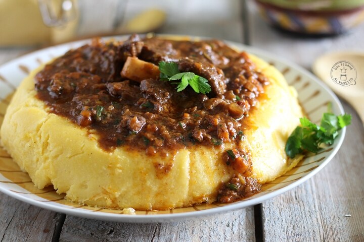 Cornmeal polenta on the plate with sauce cooked in the instant pot