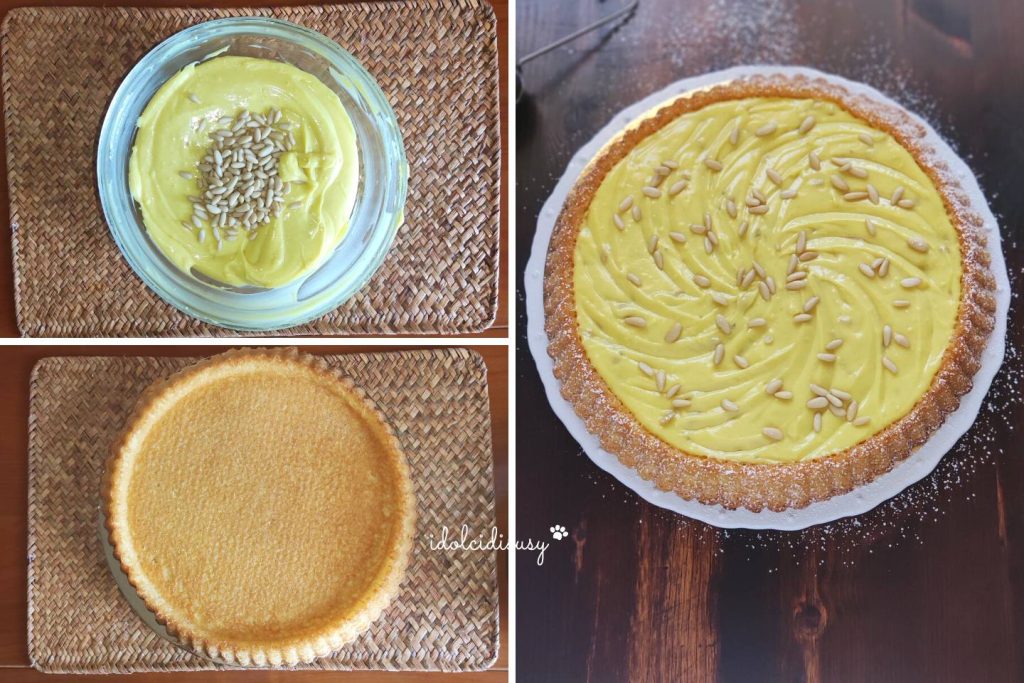 soft grandma's tart with yellow cream decorated with pine nuts