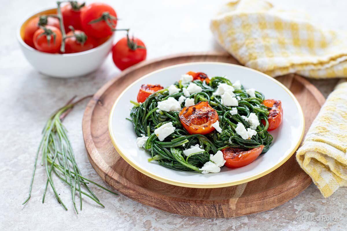 Agretti Salad with Feta and Cherry Tomatoes