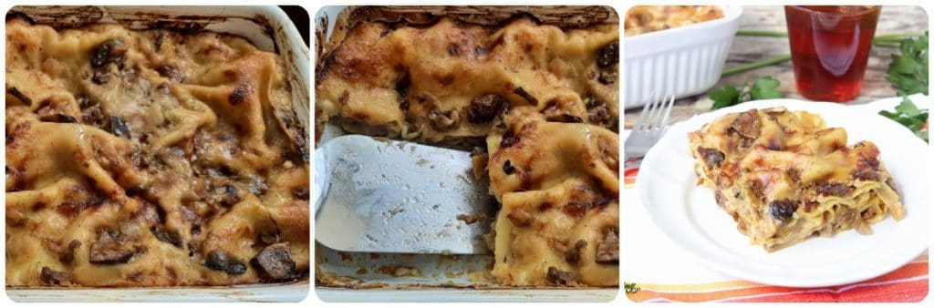 white lasagna with mushrooms and sausage