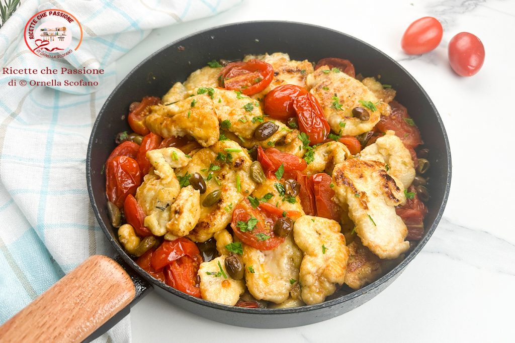 Mediterranean chicken recipe with cherry tomatoes, olives, and capers