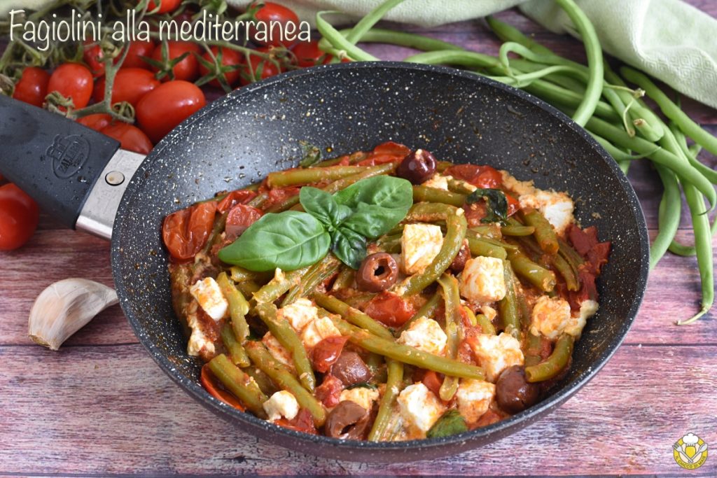 mediterranean green beans with feta olives and cherry tomatoes tasty recipe in a pan il chicco di mais