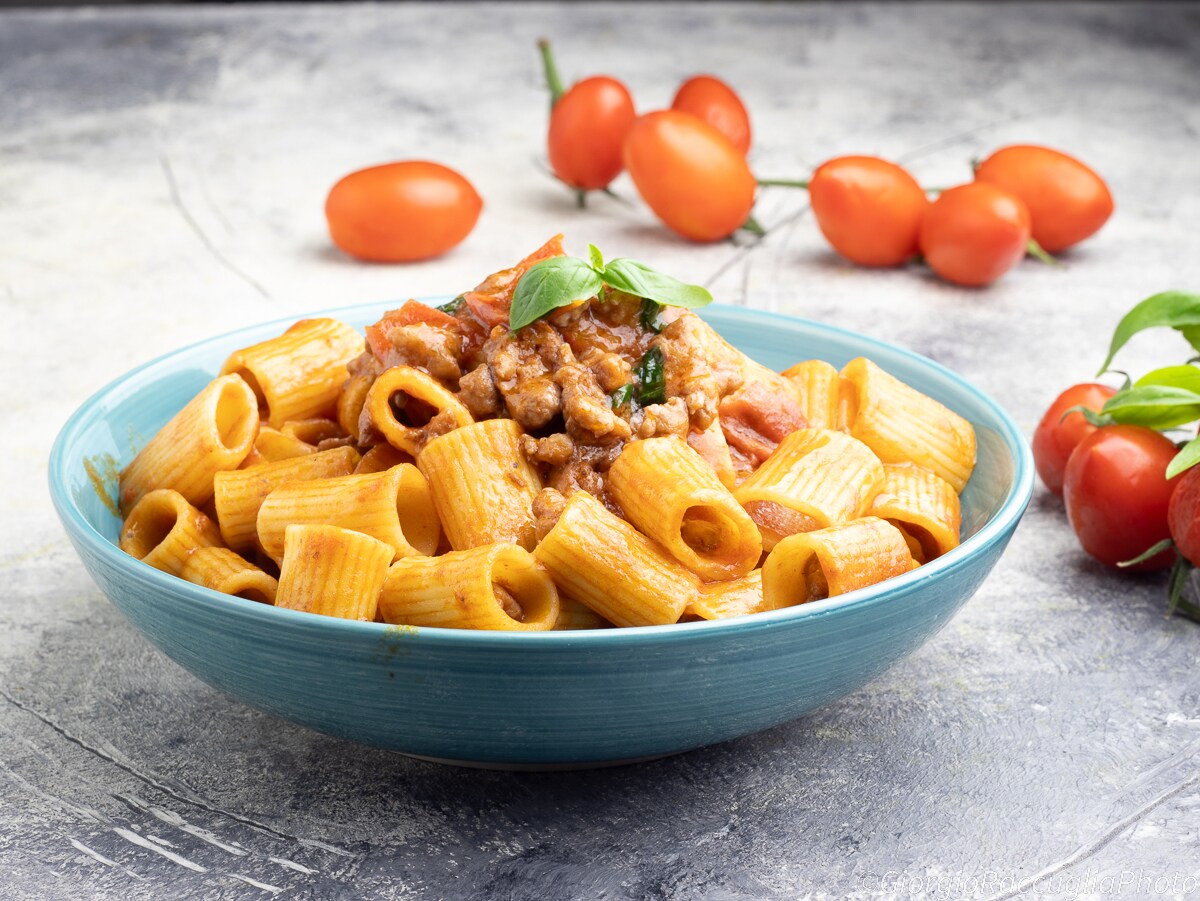 Mezze Maniche with Sausage and Cherry Tomatoes