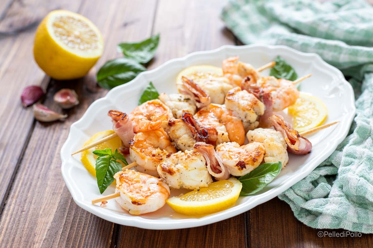 Monkfish, Shrimp, and Bacon Skewers