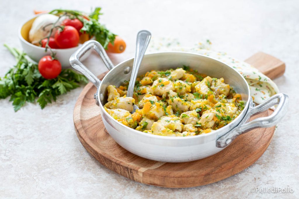 pan-fried chicken bites with vegetables
