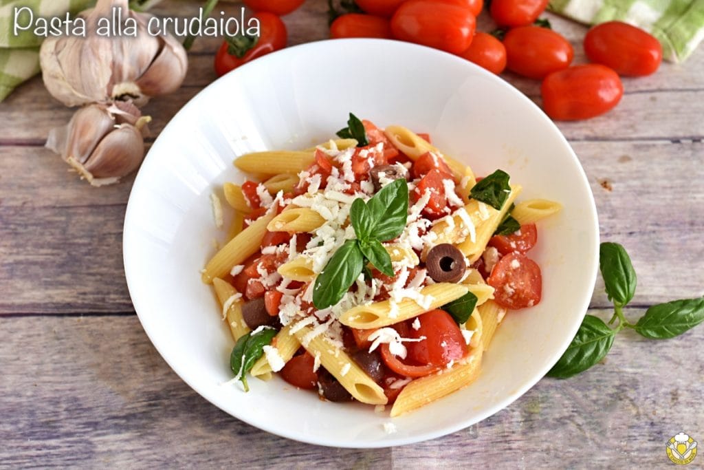 pasta alla crudaiola summer recipe pasta with cherry tomatoes olives garlic salted ricotta