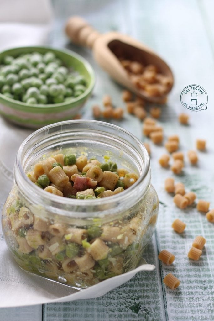 pasta with peas and bacon cooked in jar cooking in microwave