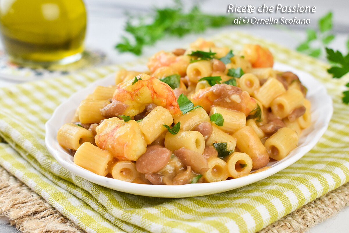 Pasta and Beans with Shrimp in Skillet