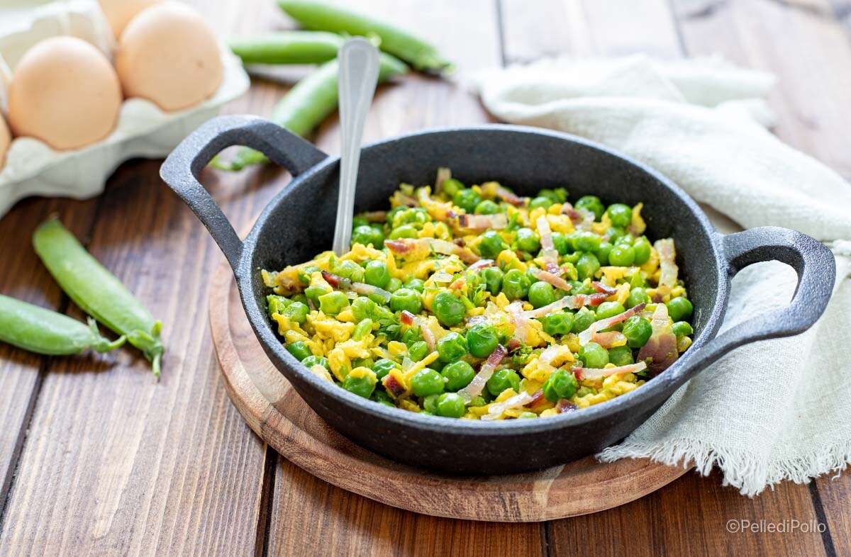 Peas with Eggs and Bacon in a Pan