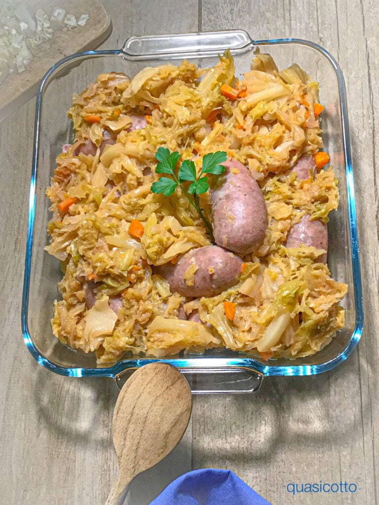 Cabbage and sausages cooked in electric pressure cooker