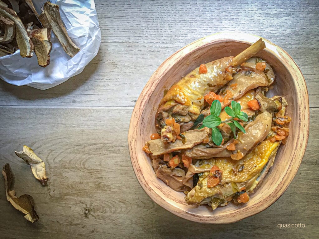Guinea Fowl with Mushrooms in a Pan