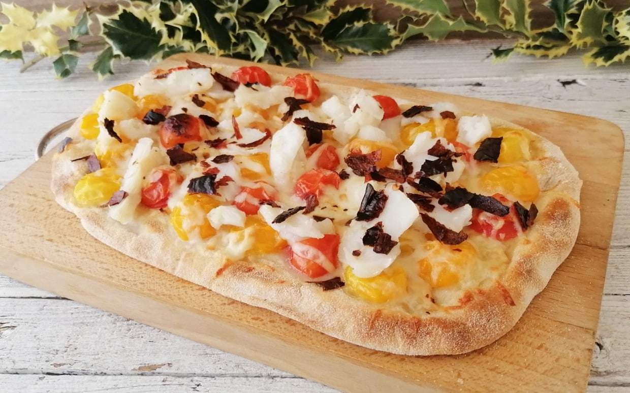 PINSA Codfish, Tomatoes, and Provola