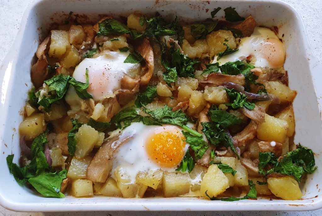 pleurotus potato spinach bake