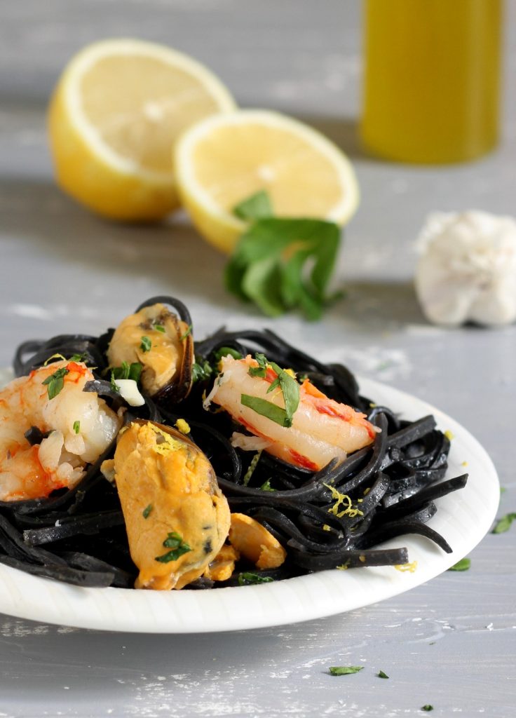 Tagliolini with Squid Ink, Mussels, and Shrimp