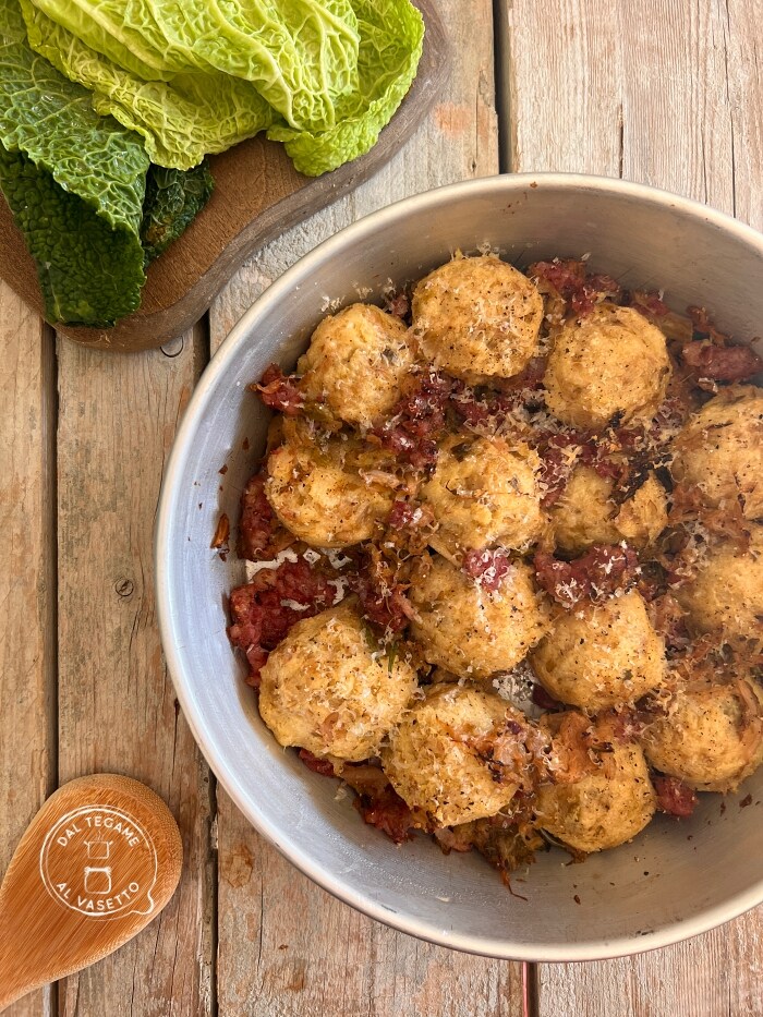 balls made from leftover polenta gratin in the air fryer with cabbage cheese and cotechino