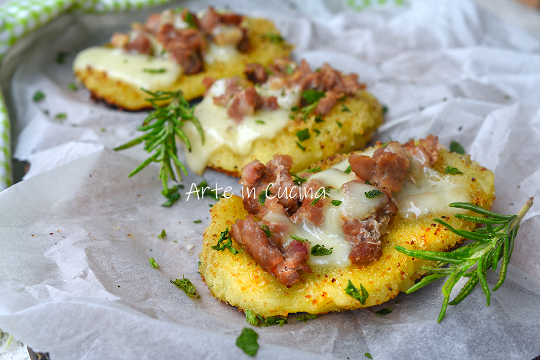 Potato, Sausage, and Provola Crostini