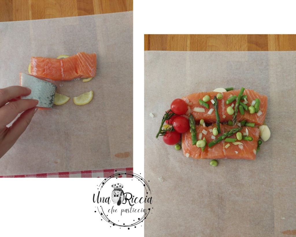 preparation-salmon-en-papillote with asparagus and fava beans