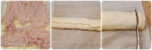 puff pastry swirls with provolone and mortadella