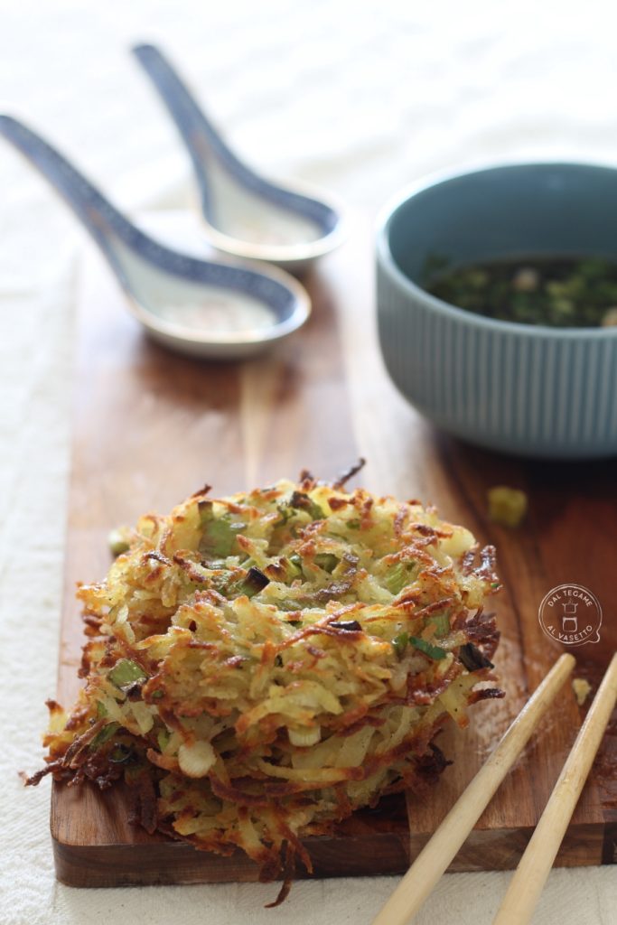 crispy Japanese potato pancakes with grated potatoes, scallions, and rice flour, without eggs