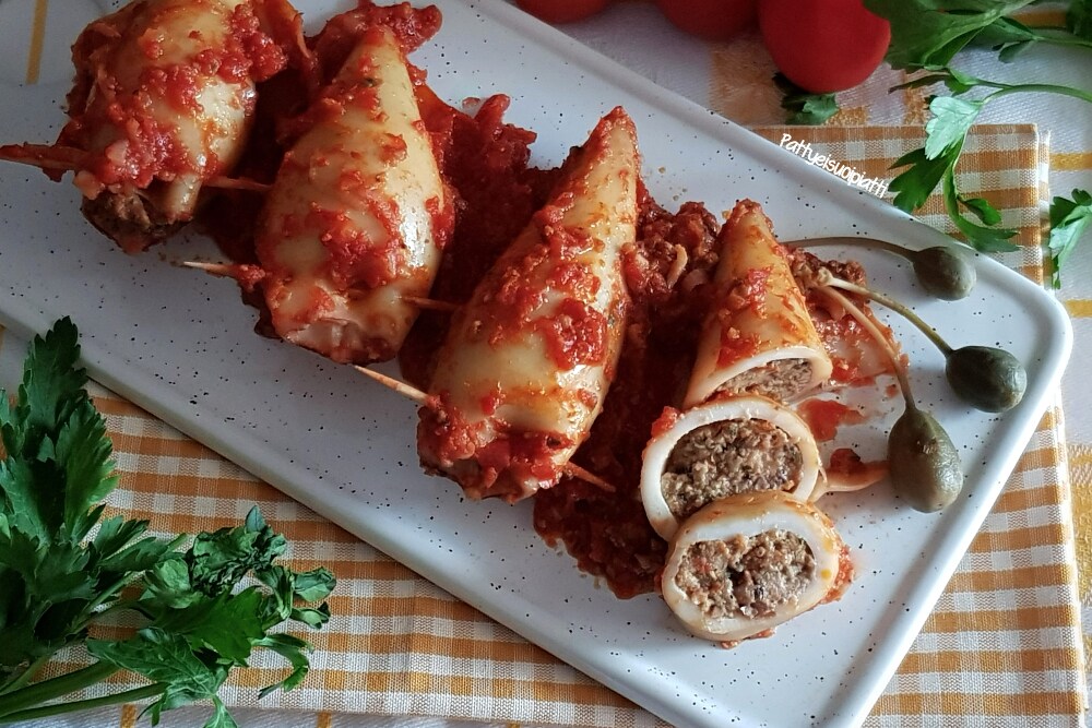 stuffed squid in a pan