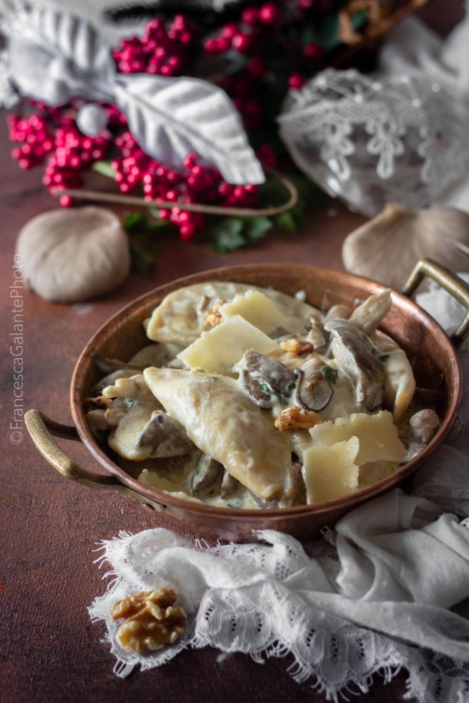 Pasta Turnovers with Mushroom, Walnut, and Parmesan Sauce