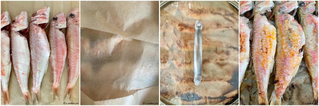 red mullets in pan with parchment paper