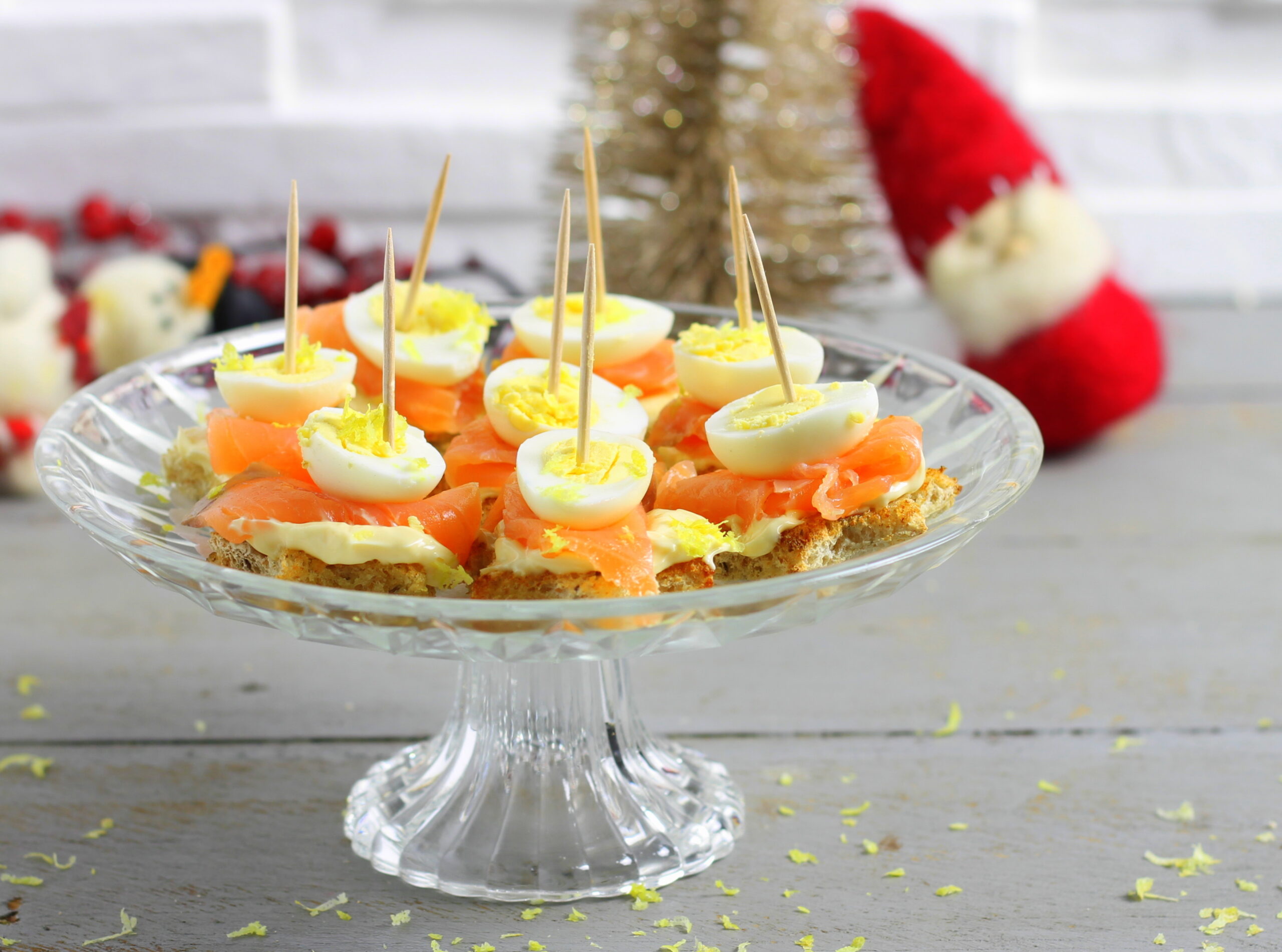 Crostini with Salmon and Quail Eggs