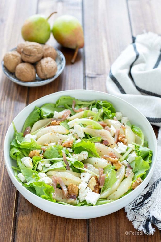 salad with caramelized pears, feta, and walnuts