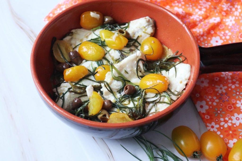 seabream with agretti and yellow cherry tomatoes