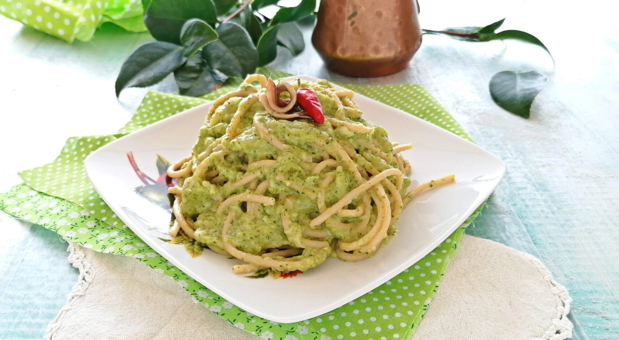 SPAGHETTI WITH BROCCOLI CREAM, BURRATA, AND ANCHOVIES