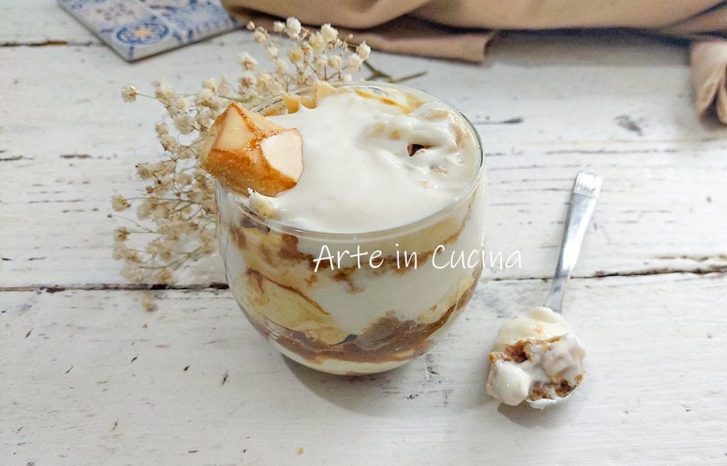 Spoon tiramisu with puff pastries, cream, and yogurt